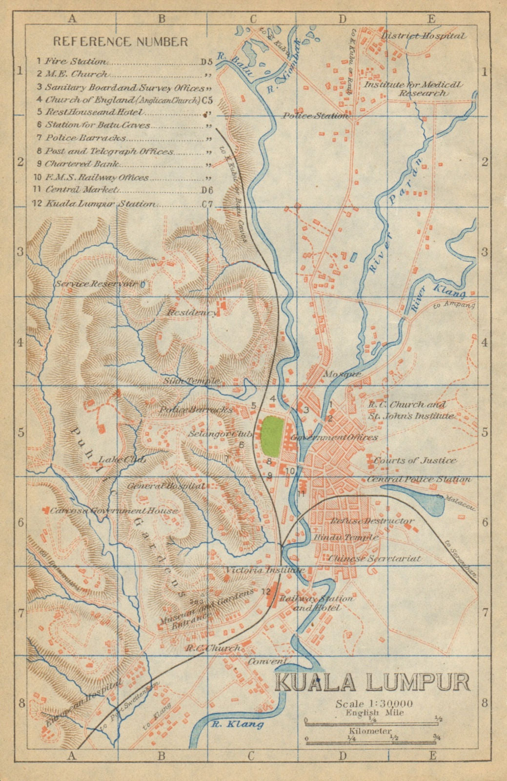 Kuala Lumpur antique town city plan. Malaysia 1920 old map chart